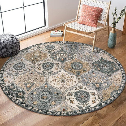Lahome Moroccan Washable Round Area Rug, Soft Vintage Round Rug 3ft, Distress Circle Carpet for Entryway Bathroom Bedroom, Non Slip Low Pile Stain Resistant Accent Rug Elise, Grey