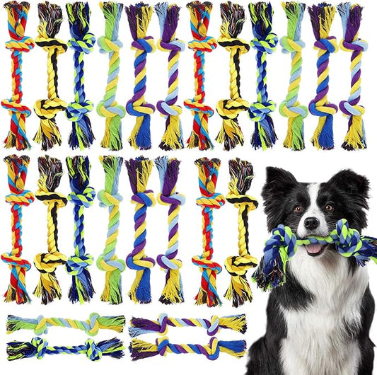 Glimin 24 Pack Large Dog Rope Toys 10 Inch Chew Toys Bulk Natural Cotton Dog 2 Knot Dog Toy 2 Knots Chew Rope Toy Teething Rope Toys for Aggressive Chewers and Medium Dogs