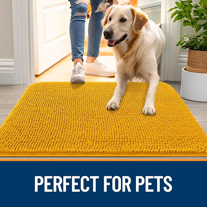 OLANLY Dog Door Mat for Muddy Paws 44x32, Absorbs Moisture and Dirt, Absorbent Non-Slip Washable Doormat, Quick Dry Chenille Mud Mat, Entry Indoor Entryway Carpet for Inside Floor, Golden Yellow