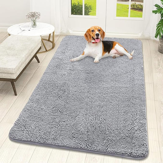 OLANLY Dog Door Mat for Muddy Paws 59x32, Absorbs Moisture and Dirt, Absorbent Non-Slip Washable Doormat, Quick Dry Chenille Mud Mat for Dogs, Entry Indoor Entryway Carpet for Inside Floor, Light Grey