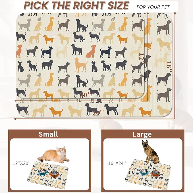Cute Dog Cat Food Mat,Color Silhouette Absorbent Pet Feeding Mat with Rubber Backing,Non-Slip Water Bowl Placemat,Indoor Pet Accessories Supplies 12"x20"