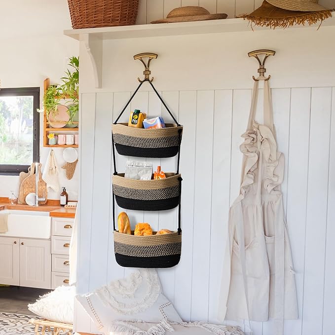 Over The Door Organizer Hanging Basket for Nursery Decor Stuffed Animal Storage Baskets Boho Wall Decor Basket for Bathroom Bedroom Playroom - Black&Beige