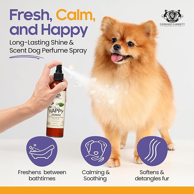 Dog Perfume Spray Long Lasting Happy Jasmine 8 Fl Oz - Dog Calming Spray Scent Mist for Shining Fur, Puppy Cologne, Doggie Deodorant Fragrance Mist Pet Perfume for All Breeds by Gerrard Larriett