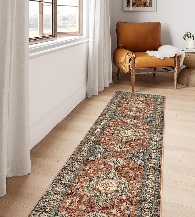 Lahome Oriental Washable Runner Rug Non Slip, 2x7 Rug Runners for Hallways Kitchen, Ultra-Thin Hallway Rugs for Laundry Room Bathroom Bedroom Eleanor, Brick Red