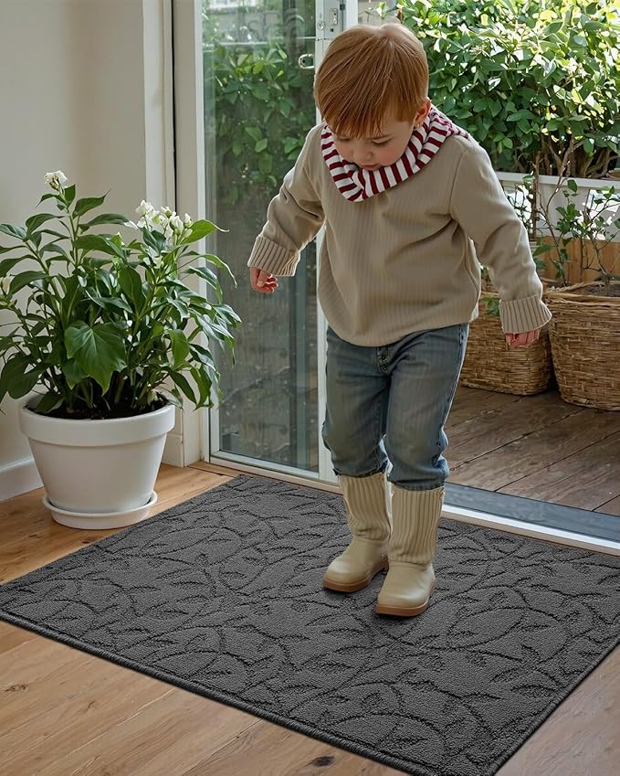DEXI Front Door Mat Inside Entrance 32x48, Non Slip Dirt Trapper Doormat, Low Profile Thin Entry Mat, Absorbent Easy Clean Welcome Mats for Entryway, Patio, Branch Leaf Grey