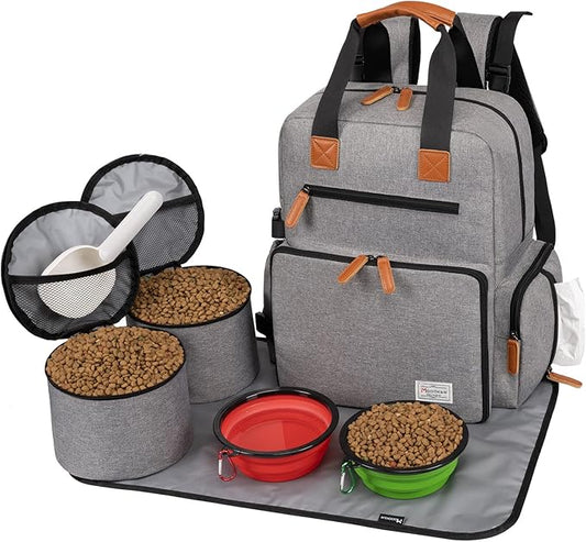Modoker Dog Travel Bag - Airline Approved Backpack for Pet Accessories Organizer, Tote Weekend Bag with 2 Dog Food Containers, 2 Collapsible Bowls, 1 Pet Mat, Grey
