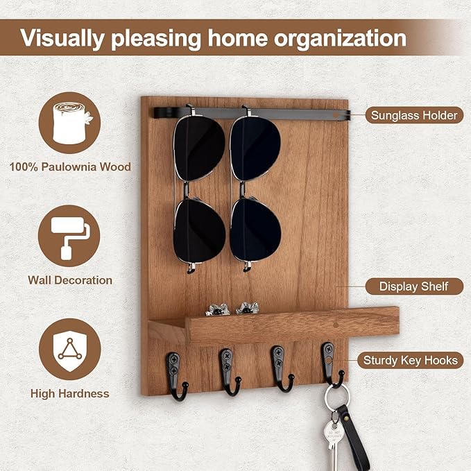 Lucundm Key Holder Wall Mount, Key Holder for Wall with 4 Hooks, Farmhouse Key Hanger Holds Dog Leash, Sunglasses – Decorative Mail Organizer Home Decor (Wood)