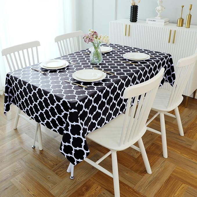 Romanstile Rectangle Plastic Tablecloth, 100% Waterproof Oil-Proof Checkered PVC Table Cloth, Heavy Duty Vinyl Table Cover for Dining, Camping, Picnic, Outdoor - 54 x 108 Inch, Moroco Black