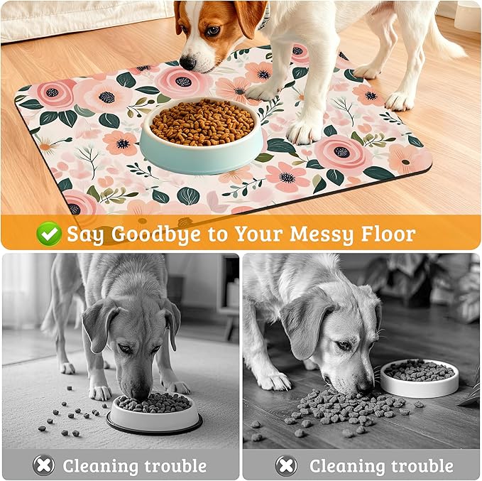 Dog Bowl Mat,Blooming Flowers Pet Feeding Mat for Floors Waterproof,Peonies Roses Absorbent Dogs Placemat for Food and Water Quick Dry Pet Cat Feeding Mats with Non Slip Bottom 16" x 24"