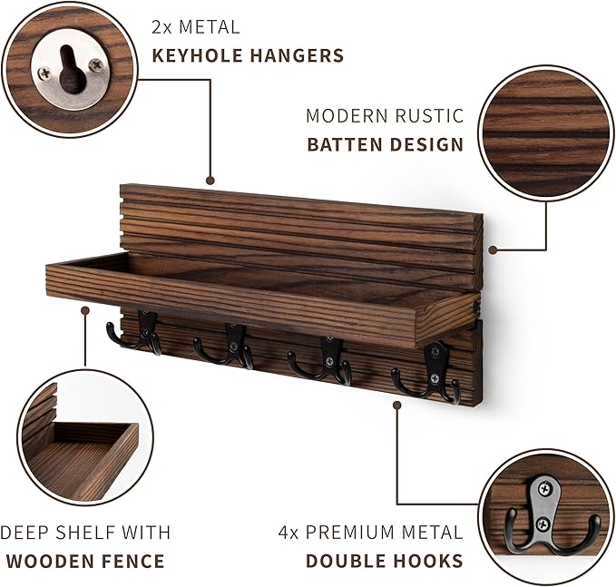 Natural Wooden Key Holder - Wall Mounted Mail Organizer and Key Hanger - Rustic Farmhouse Entryway Shelf with 4 Double Hooks - Decorative Rack for Car Keys, Wallet (Dark Brown)