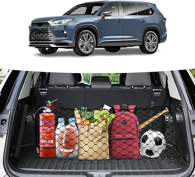 Trunk Cargo Net for 2024-2025 2026 Toyota Grand Highlander Accessories Envelope Style Mesh Trunk Net Organizer and Storage Stretchable Adjustable Elastic Nylon Rear Cargo Netting with Hooks