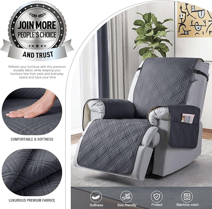 TAOCOCO 100% Waterproof Recliner Chair Cover Stay in Place, Recliner Covers for Small Recliner Chair with Pocket, Reclining Chair Cover Furniture Protector for Kids, Pets(X-Small Chair, Dark Grey)