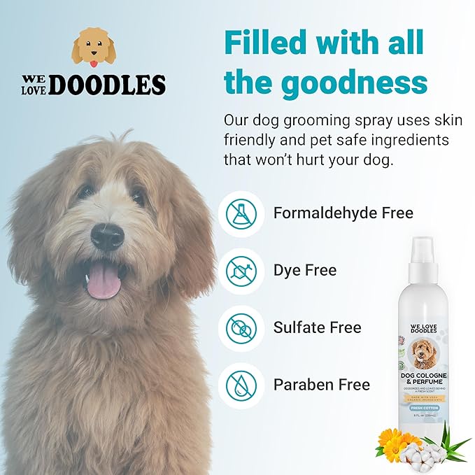 We Love Doodles Dog Cologne & Perfume (Fresh Cotton) and Small Slicker Brush Bundle - Odor Eliminator Spray and Long Pin Brush Kit - Long Lasting Deodorizer - Long Haired Brush For Dogs - Made In USA