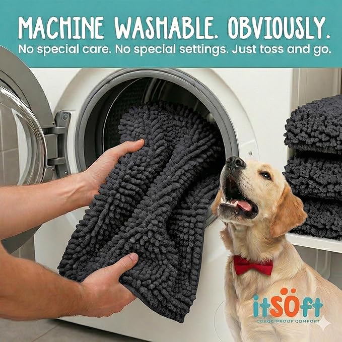 Dog Rugs for Muddy Paws 22x14 | Cleaner, Mud Free Floors | Dog Door Mat for Muddy Paws Muddy Rug for Dogs Absorbent Chenille Machine Washable w Non Slip Backing Outdoor Pets & Paw Matt, Charcoal Grey