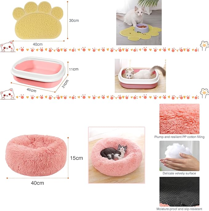 Kitten Starter Supplies Starter Kit, 20 pcs of Cat Essentials and Stuff, Including Cat Bed, Carrier, Litter Mat, Litter Box, Collar, Bowls,and Others, Perfect Choice for New Cat Owner - Pink