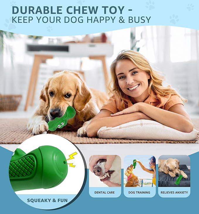 IPTPAS Durable Dog Chew Toy for Aggressive Chewers, Tough Natural Rubber Squeaky Dog Toy with Irresistible Beef Flavor, Dental Care, Teeth Cleaning & Boredom Relief for Medium & Large Dogs (Green)