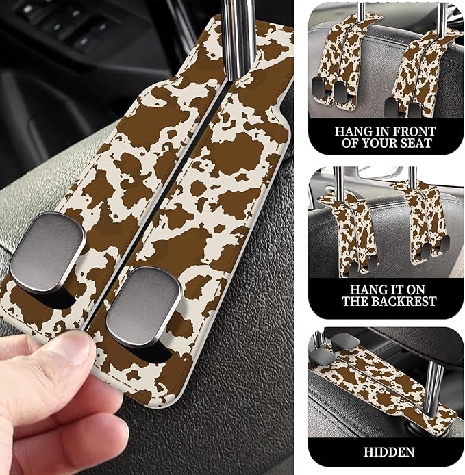 PU Leather Car Seat Hook, Storage Headrest Hanger, Cute Car Backseat Organizer, Car Hooks For Purses and Bags Brown Cow Print