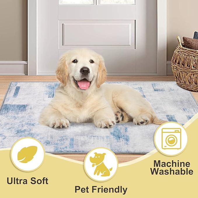 COMSLE Door Mat, Front Door Mat Indoor for Entrance Faux Wool Absorbent Non Slip Modern Throw Rug for Entryway Hallway Muddy Paws - Pet Friendly, 20x32 Inches,Square Blue Machine Washable