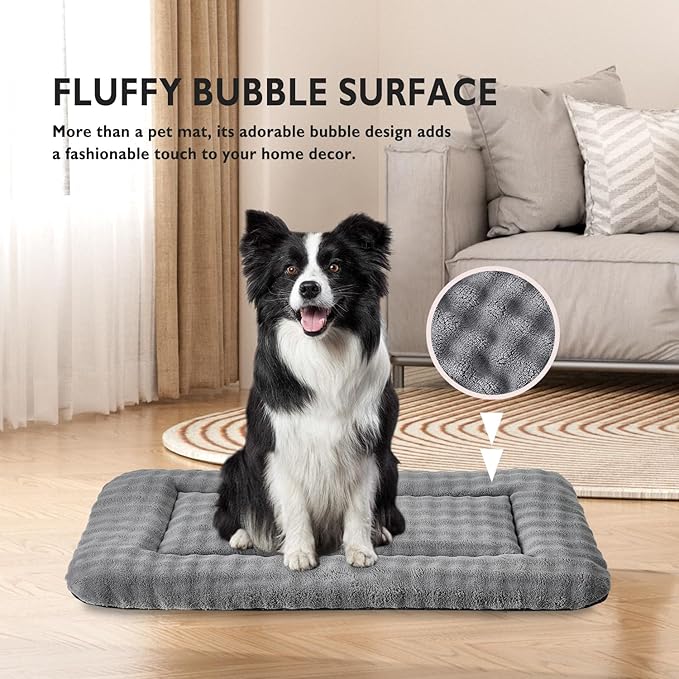 Dog Bed Mat Crate Pad for Large Dogs, Washable Soft Pet Sleeping Mat Kennel Pad with 3D Bubble Pattern, Grey, 36"x 23"