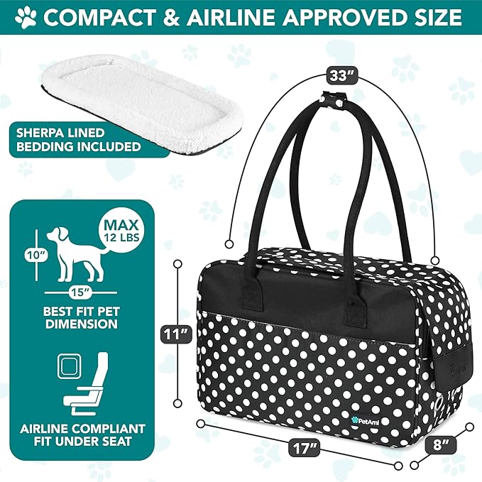 PetAmi Dog Purse Carrier for Small Dogs, Airline Approved Soft Sided Pet Carrier with Pockets, Ventilated Dog Carrying Bag for Puppy Cat, Dog Travel Supplies Bag, Sherpa Bed, Max 12 lbs, Polka Dot