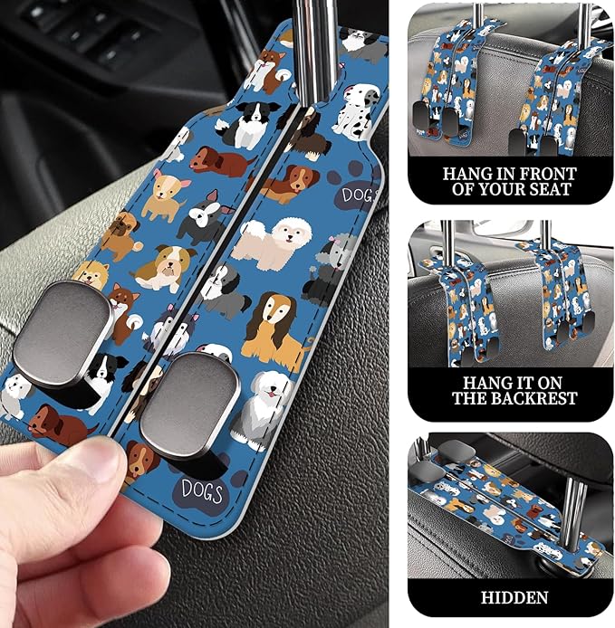 PU Leather Car Seat Hook, Storage Headrest Hanger, Cute Car Backseat Organizer, Car Hooks for Purses and Bags Blue Cute Dogs