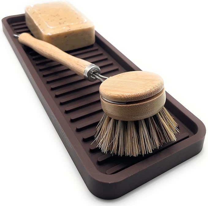 Happitasa Silicone Kitchen Sink Organizer Tray, Sponge Holder and Countertop Protector | Bathroom and Kitchen Soap Dish and Dispenser Tray (Dark Chocolate, 12"x4")