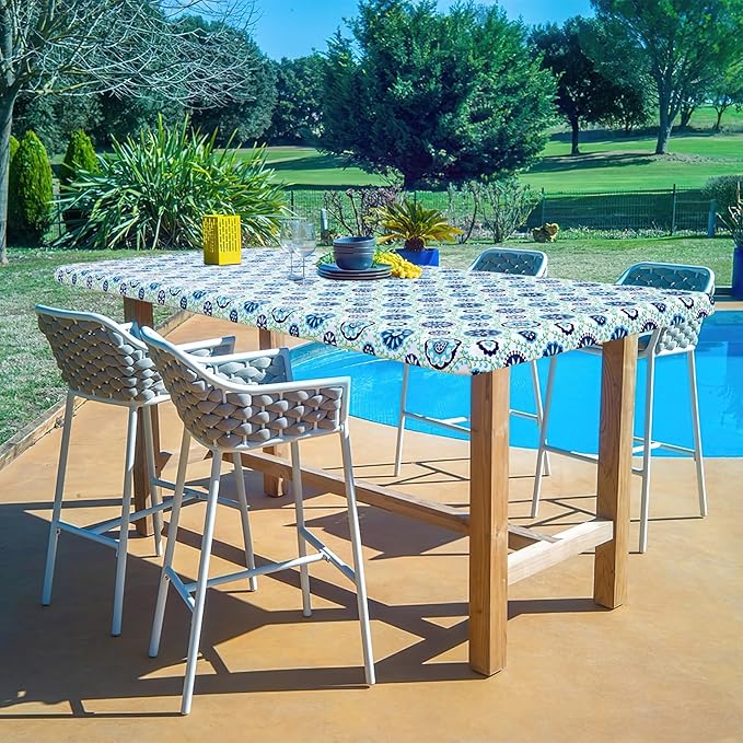 misaya Rectangle Vinyl Tablecloth, Fitted Table Cover, 100% Waterproof, Elastic Edge, Flannel Backing, Table Cloth Fit Folding Tables for Picnic, Outdoor (Navy Mandala, 24x48 inch)