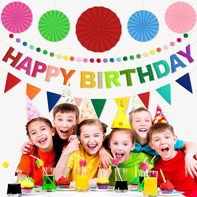 Pre-Strung 3D Felt Happy Birthday Banner, Reusable Rainbow Birthday Party Decorations for Kids Adults, Happy birthday Sign with Felt Ball Garland, Pennant Flag, Hanging Paper Fans