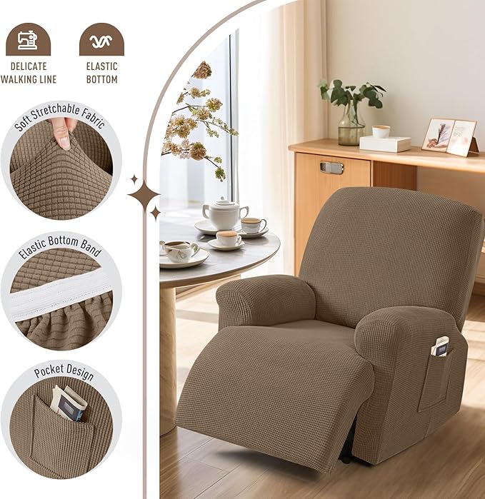 TAOCOCO Recliner Cover 4-Pieces, Recliner Stretch Sofa Slipcover, Recliner Cover 1 Seat, Couch Protector Soft, Furniture Protector Covers with Elastic,Chair Covers Jacquard Pattern (Khaki)