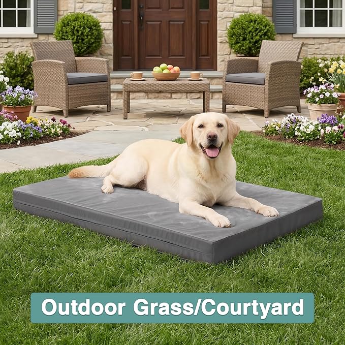Waterproof Outdoor Large Dog Bed, Washable XL Pet Beds 44 inch, Foam Sleeping Pad with Removable Cover Reversible，Leather Anti-Slip 44"x32", Grey