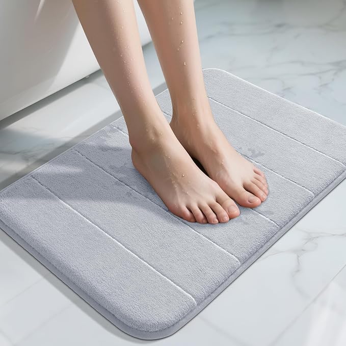 Yimobra Memory Foam Bath Mat, Super Soft Absorbent Bathroom Rug Non Slip, Quick Dry, Machine Washable Floor Carpet for Tub Shower, Home Decor Accessories, 24x17, Silver