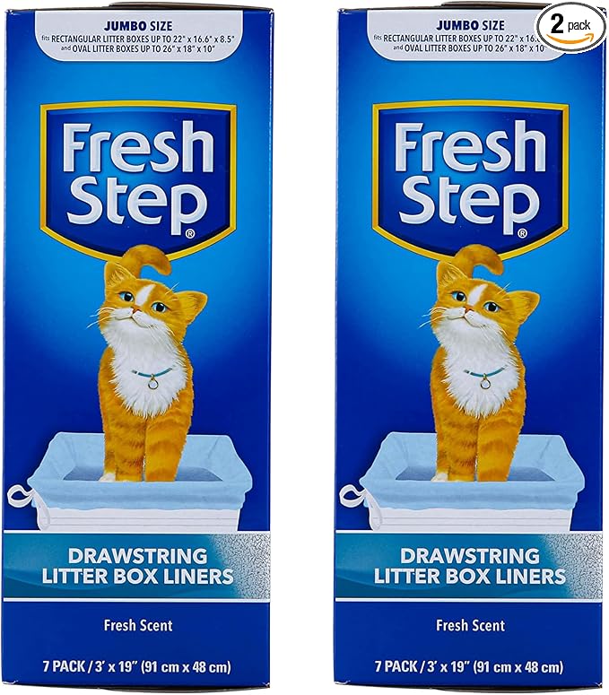 Fresh Step Jumbo Drawstring Cat Litter Box Liners, Scented Heavy Duty Kitty Litter Bags for X-Large Oval or Rectangle Pans, Helps Contain Mess for Easy Lift Out Cleanup, 36 x 19 in, 7 Count - 2 Pack