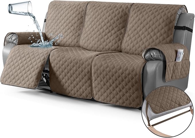 TAOCOCO 100% Waterproof Recliner Couch Covers, Recliner Sofa Covers with Leg Straps, 1-Piece Washable Reclining Sofa Cover with Pocket Couch Protector for Pets Kids(3 Seater, Taupe)