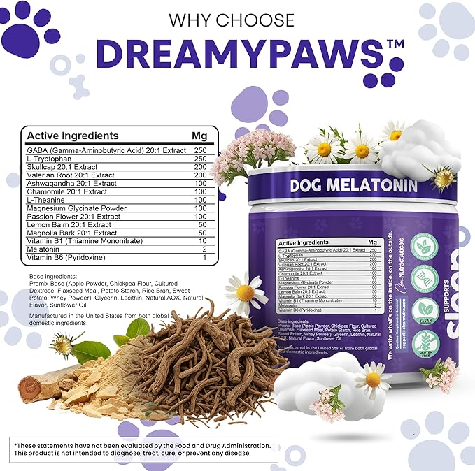 Dreamy Paws Melatonin for Dogs Dog Calming Sleep Supplement - Melatonin GABA Tryptophan Valerian Magnolia Bark Passion Flower Magnesium Ashwagandha Restful Sleep 90 Chews Beef Flavor by Clean Pets