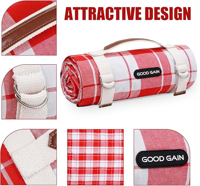 G GOOD GAIN Picnic Outdoor Blankets Waterproof Large - Beach Mat Sand Free Foldable with Carry Strap | Portable Camping Blanket | Park Blanket for Grass Park, Hiking, Travel, Concerts（RedPlaid）