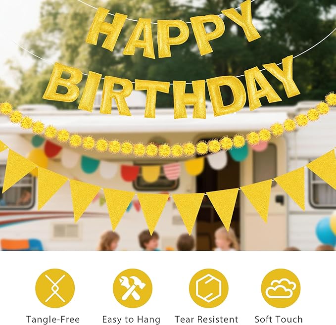 CANREVEL Pre-Strung 3D Happy Birthday Banner, 3 PCS Gold Happy Felt Garland, Pom Pom Garland, Triangle Fabric Bunting, Reusable Gold Birthday Decorations for Women Men Girls Boys