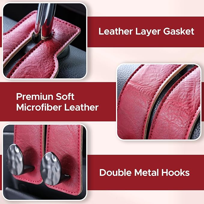 4 PCS Leather Car Seat Hooks for Headrest, Vehicle Hanger Storage Organizer Universal for Handbag Purse, Car Accessories Gift (Red-Black-4 PCS)