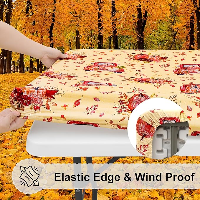 misaya Rectangle Vinyl Tablecloth, Fitted Table Cover, Waterproof, Elastic Edge, Flannel Backing, Plastic Table Cloth Fit 6 Foot Folding Tables for Fall, Thanksgiving (Pumpkin Truck, 30x72 inch)