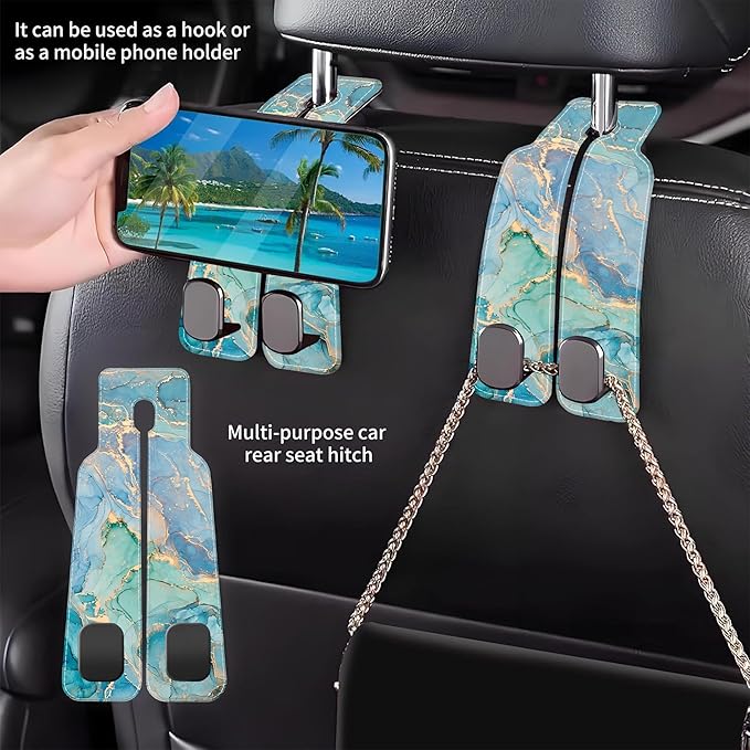 AEWNUNK Car Seat Headrest Hooks for Purses and Bags Abstract Turquoise Golden Marble 1 Pack Bag Purse Holder for Car with Double Metal Hooks Car Purse Hanger Hanging Accessories