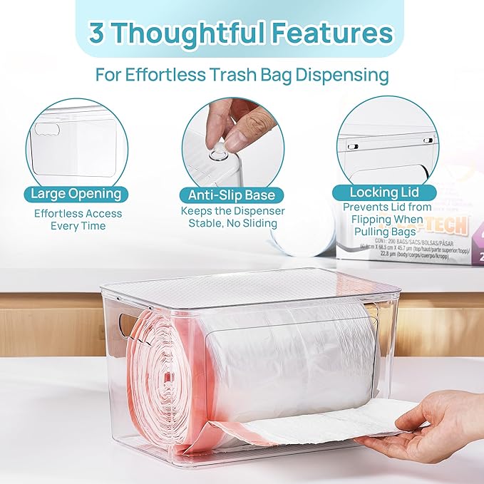 Vtopmart 2 Pack Trash Bag Holder, Stackable Garbage Bag Dispenser for 13/30/33 Gallon Bags, Clear Organizer Bins for Under Kitchen Sink, Laundry Room Organization and Storage