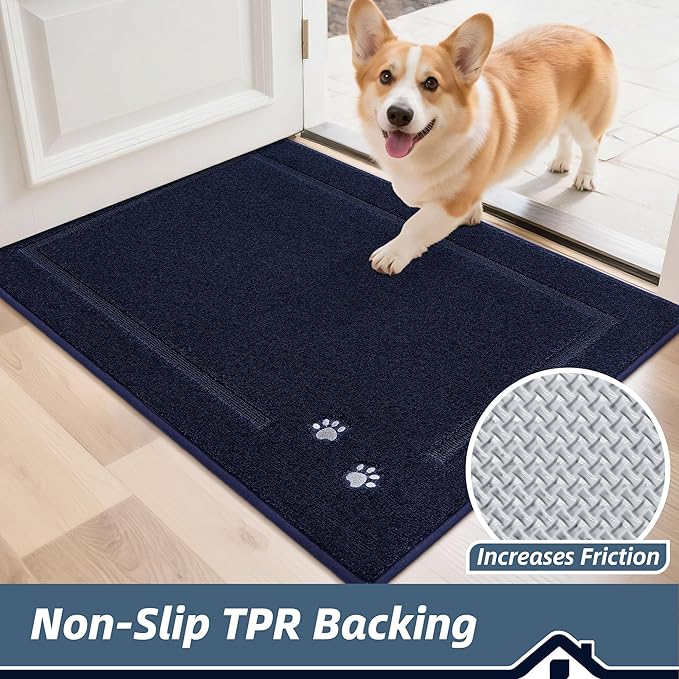 BEQHAUSE Dog Door Mat for Muddy Paws 36"x60" Dirt Trapper Absorbent Doormat Non Slip Entryway Rugs Washable Stain Resistant Welcome Floor Mat Soft Low-Profile for Front Back Door, Navy Blue