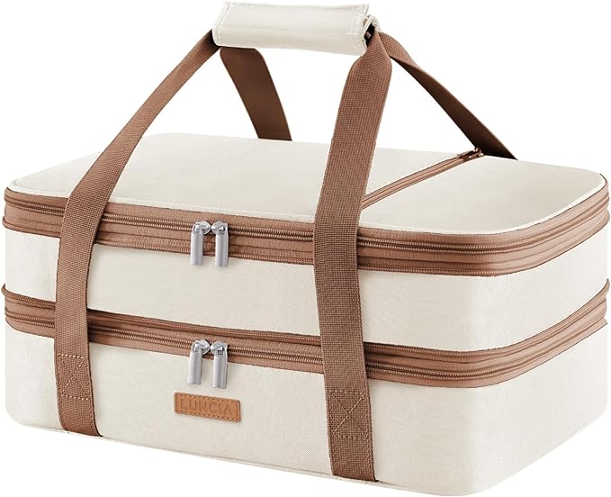 Lifewit LUNCIA Double Decker Insulated Casserole Carrier for Hot or Cold Food, Lasagna Lugger Tote for Potluck Parties/Picnic/Cookouts, Fits 9"×13" Baking Dish, Cream