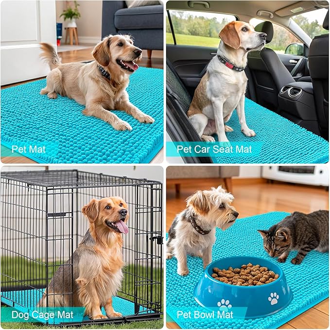 OLANLY Dog Door Mat for Muddy Paws 32x20, Absorbs Moisture and Dirt, Absorbent Non-Slip Washable Doormat, Quick Dry Chenille Mud Mat for Dogs, Entry Indoor Entryway Carpet for Inside Floor, Aqua Blue