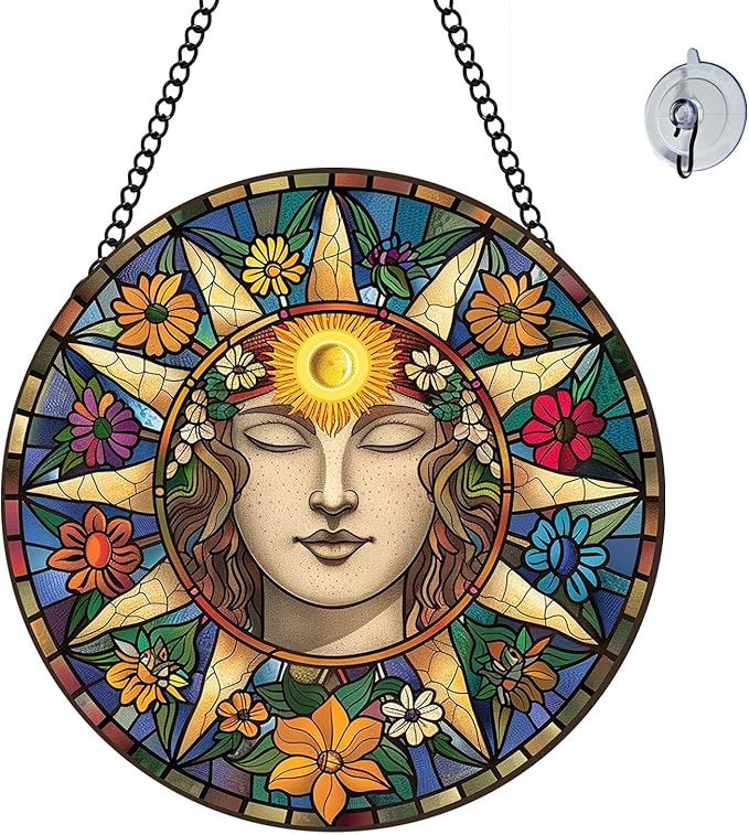 Sun Suncatcher 8 Inch Stained Glass Window Hanging Diamond Chain Hooks – Indoor/Outdoor Window Wall Art Home Décor -Gift for Women Men Valentine's Day Thanksgiving Ornaments Festival Gifts