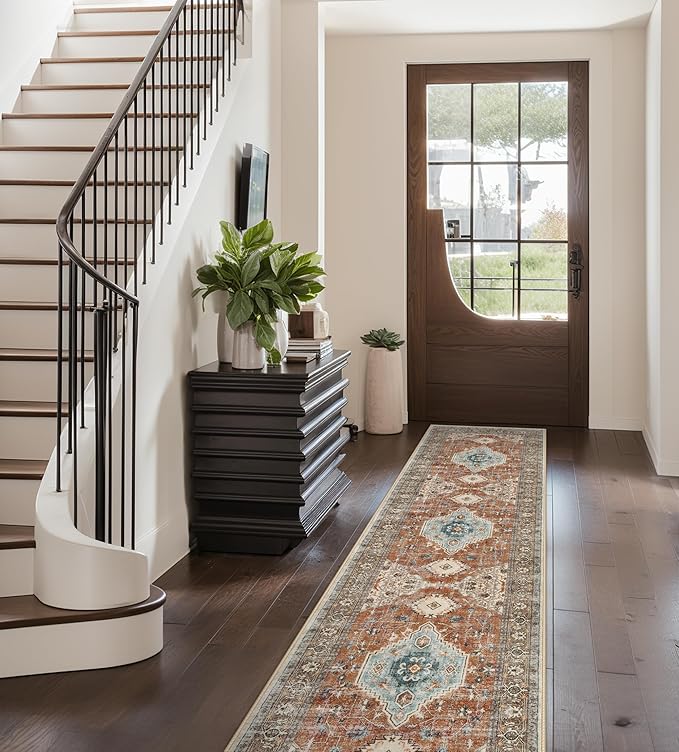 Lahome Oriental Hallway Runner Rug, 2.5x8 Kitchen Runner Non Slip Ultra-Thin, Soft Washable Hallway Rug Non Shedding Long Carpet for Entryway ‎Laundry Room Bathroom Eleanor, Orange/Multi