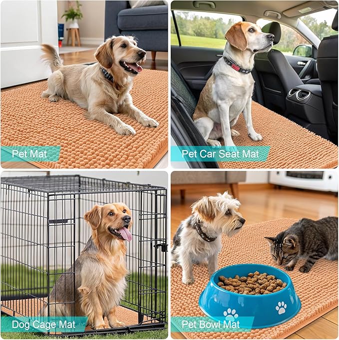 OLANLY Dog Door Mat for Muddy Paws 40x24, Absorbs Moisture and Dirt, Absorbent Non-Slip Washable Doormat, Quick Dry Chenille Mud Mat for Dogs, Entry Indoor Entryway Carpet for Inside Floor, Orange