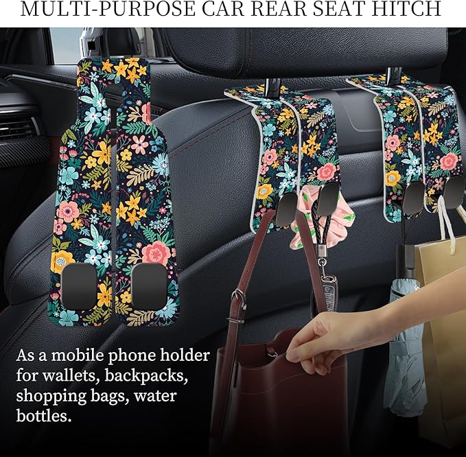 PU Leather Car Seat Hook, Storage Headrest Hanger, Cute Car Backseat Organizer, Car Hooks For Purses and Bags Dark Floral Pattern