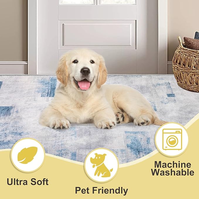 COMSLE Door Mat, Front Door Mat Indoor for Entrance Faux Wool Absorbent Non Slip Modern Throw Rug for Entryway Hallway Muddy Paws - Pet Friendly, 32x48 Inches,Square Blue Machine Washable