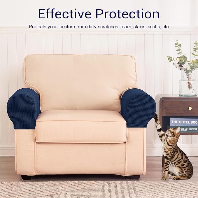 SUBRTEX Stretch Couch Arm Covers Set of 2, Checkered Sofa Arm Slipcovers, Anti-Slip Armrest Covers for Recliner and Armchairs, Pet Proof, High Stretchy, Hook & Loop Tape, Navy