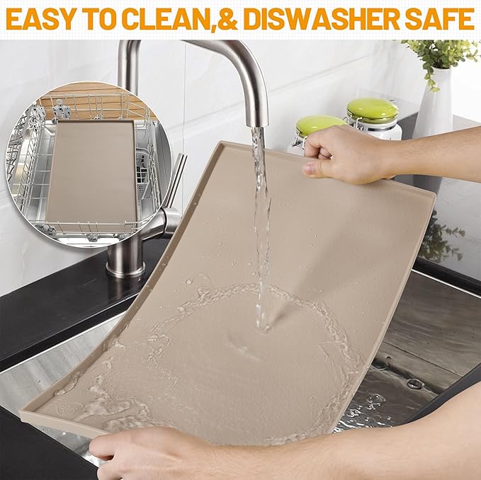 Hubulk Dog Feeding Mat,100% Waterproof Food Grade Silicone Pet Food and Water Bowl Placemat,Dishwasher, High Raised Edge to Prevent Spills,Nonslip Tray to Stop Messes on Floor（32"x24"x1.0", Taupe）